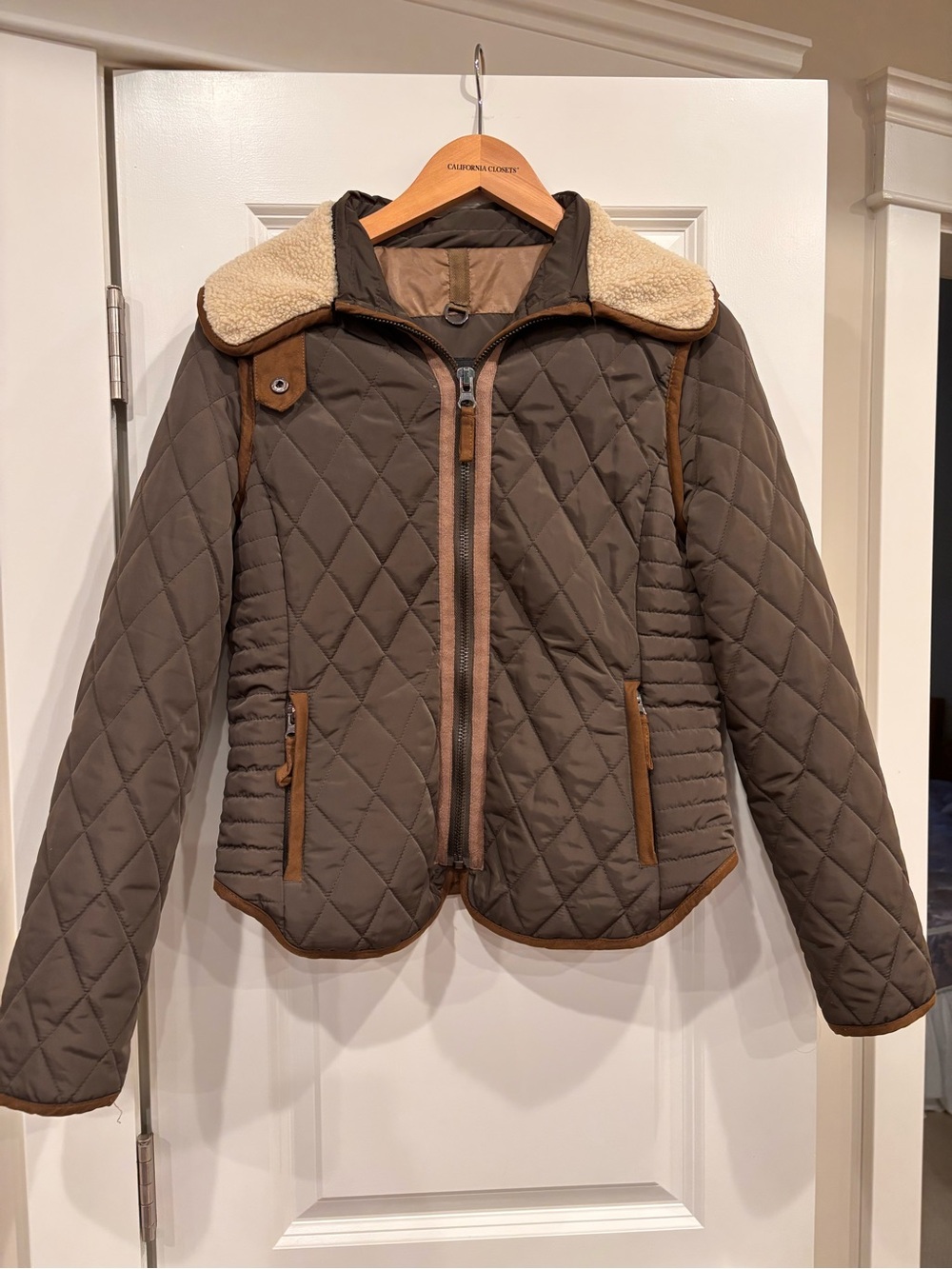 Quilted Barn Coat with Cream Shearling Collar